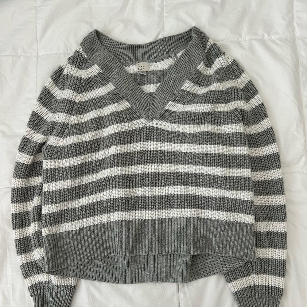 Striped Gray and White V-Neck Sweater